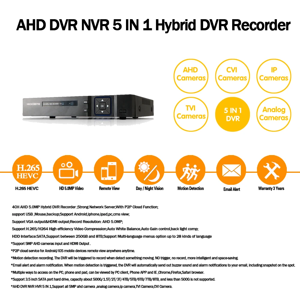 Видеорегистратор H265 + HKIXDISTE 5 Мп 4 МП канала в 1 XMEYE ONVIF Гибридный Wi Fi TVi CVI NVR AHD IP CCTV