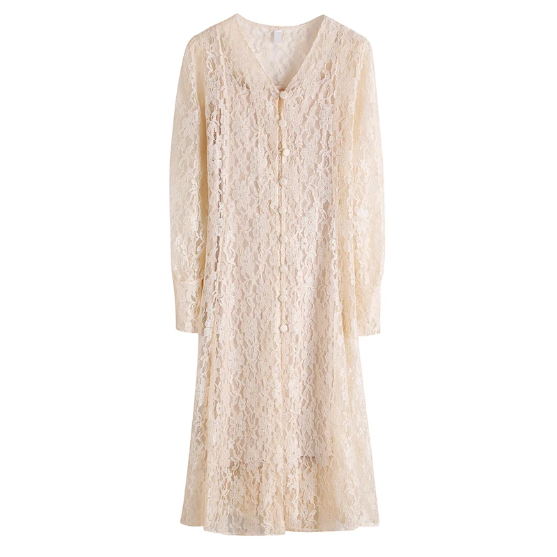 Женское однобортное платье-трапеция с V-образным вырезом и кружевом | Женская