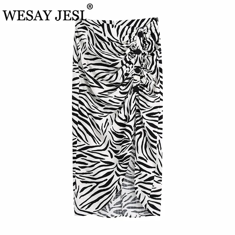 

WESAY JESI Women Clothing Skirt TRAF ZA Summer Zebra Stripes Folds Skirts Elegant Side Split Skirt Women Mid Calf Casual Skirt
