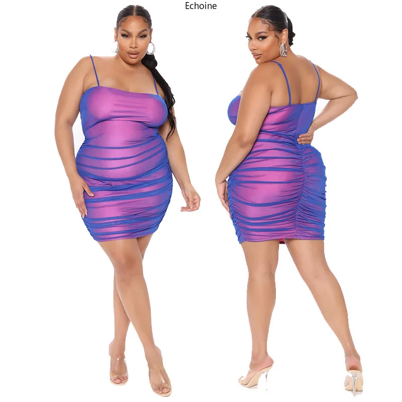 

Echoine Pleated Double-layer Fabric T-shirt Dress Fashion Slim Sexy Sling Plus Size Dress Women New Arrival 2021