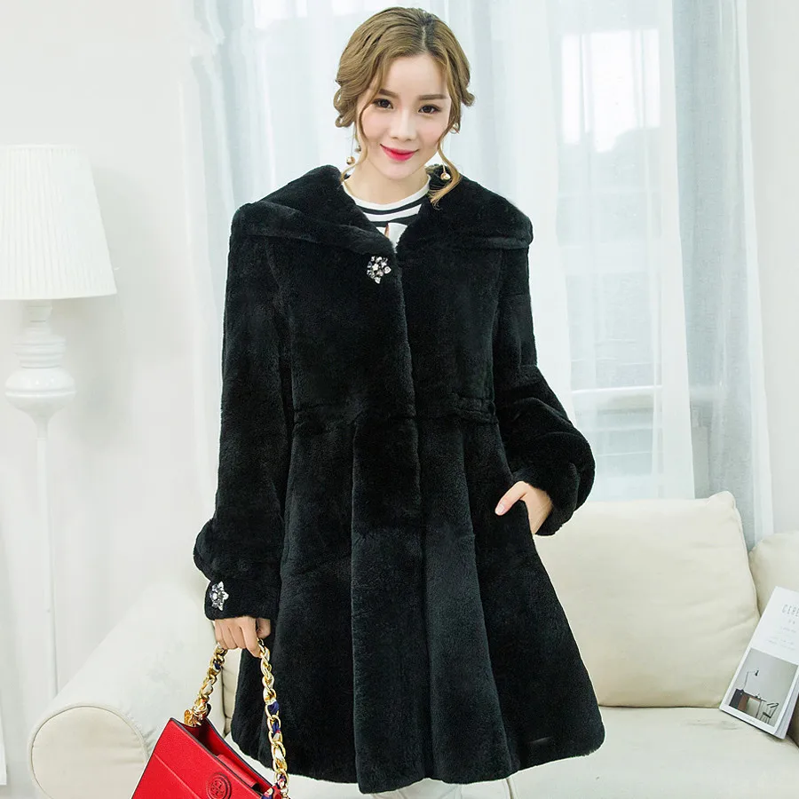

Rex Natural Rabbit Fur Coat Hooded Slim Long Winter Warm Jackets For Women Real Fur Coat Outerwear Plus Size 5XL PCTT015
