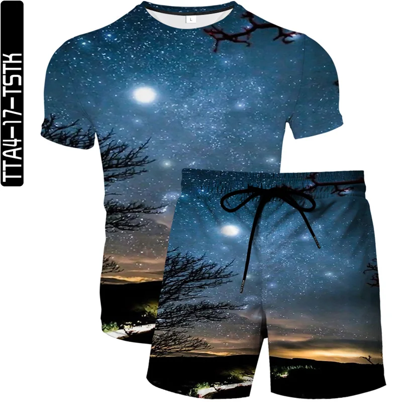 

2021 summer new personality men's 3D printing beach pants quick-drying clothes T-shirt two-piece landscape element pattern