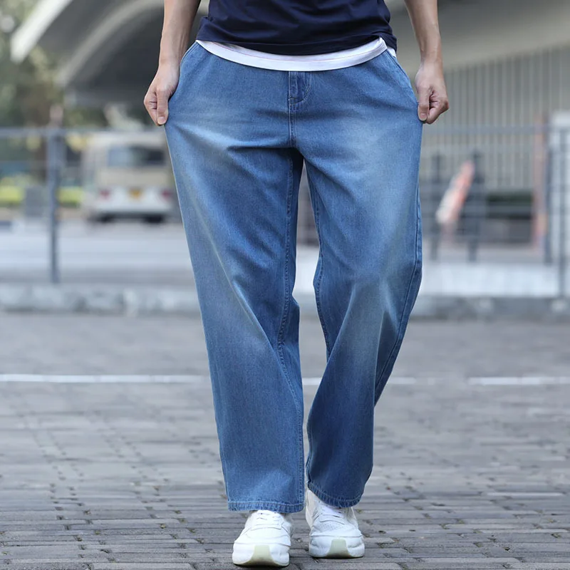 Summer Thin Section Breathable Men Jeans Blue Large Size Loose Baggy Hip Hop Skateboard Trousers Straight Wide Leg  Denim Pants
