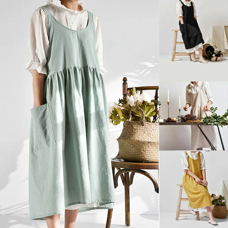 

Women Cotton Linen Bib Apron Solid Color Sleeveless Housework Baking Wrap with Pocket 2022 New Fashion