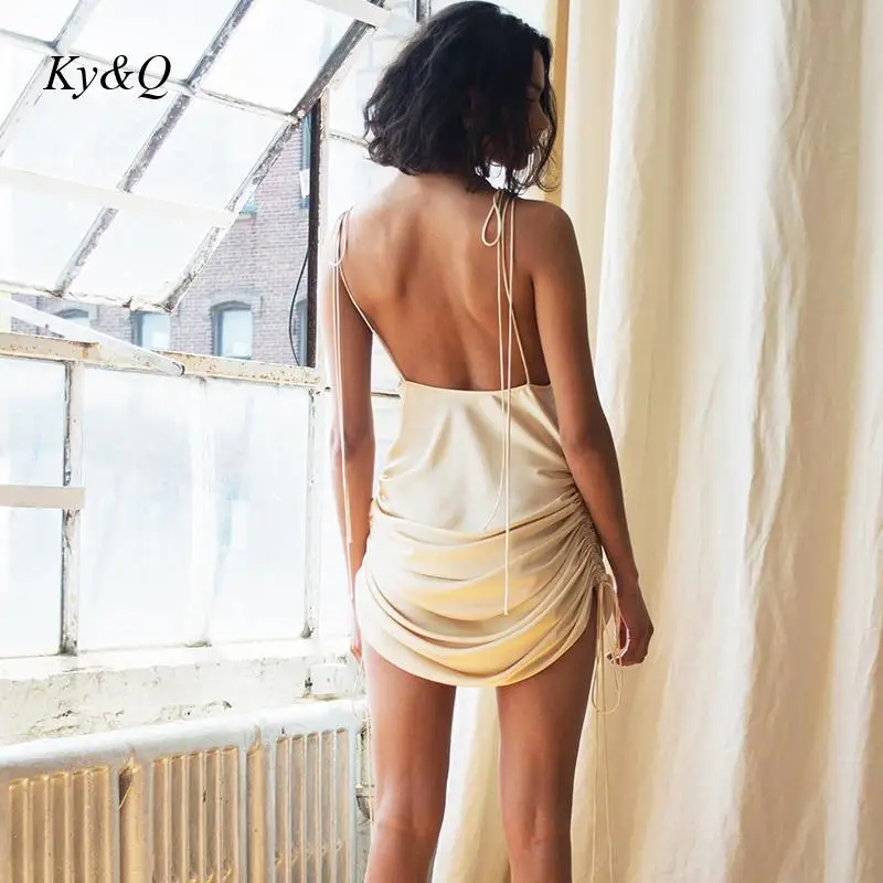 [Brand Low Price] Summer Simple Satin Pleating Suspender Dress Women Sexy Backless Bandage Dresses High Quality Clothes | Женская одежда
