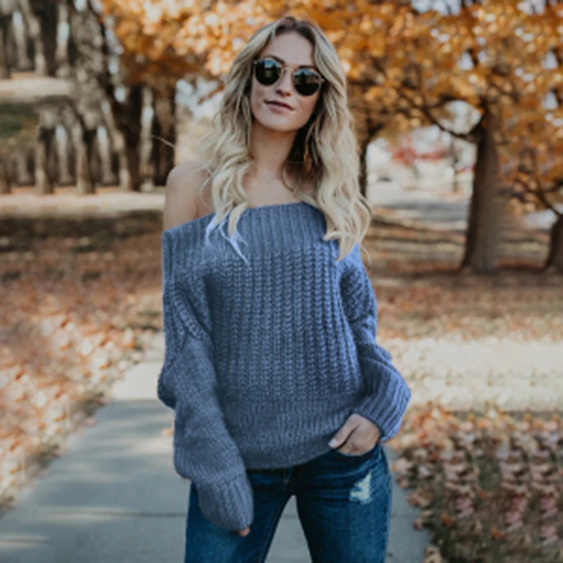 

Umeko New Autumn Winter Women Fashion Elegant Knit Slash Neck Solid Sweater Jumper Pullover Long Sleeve Female Knitwear Sweater