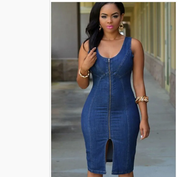 

2021 European and beautiful slim fit zipper denim mini dress women dress