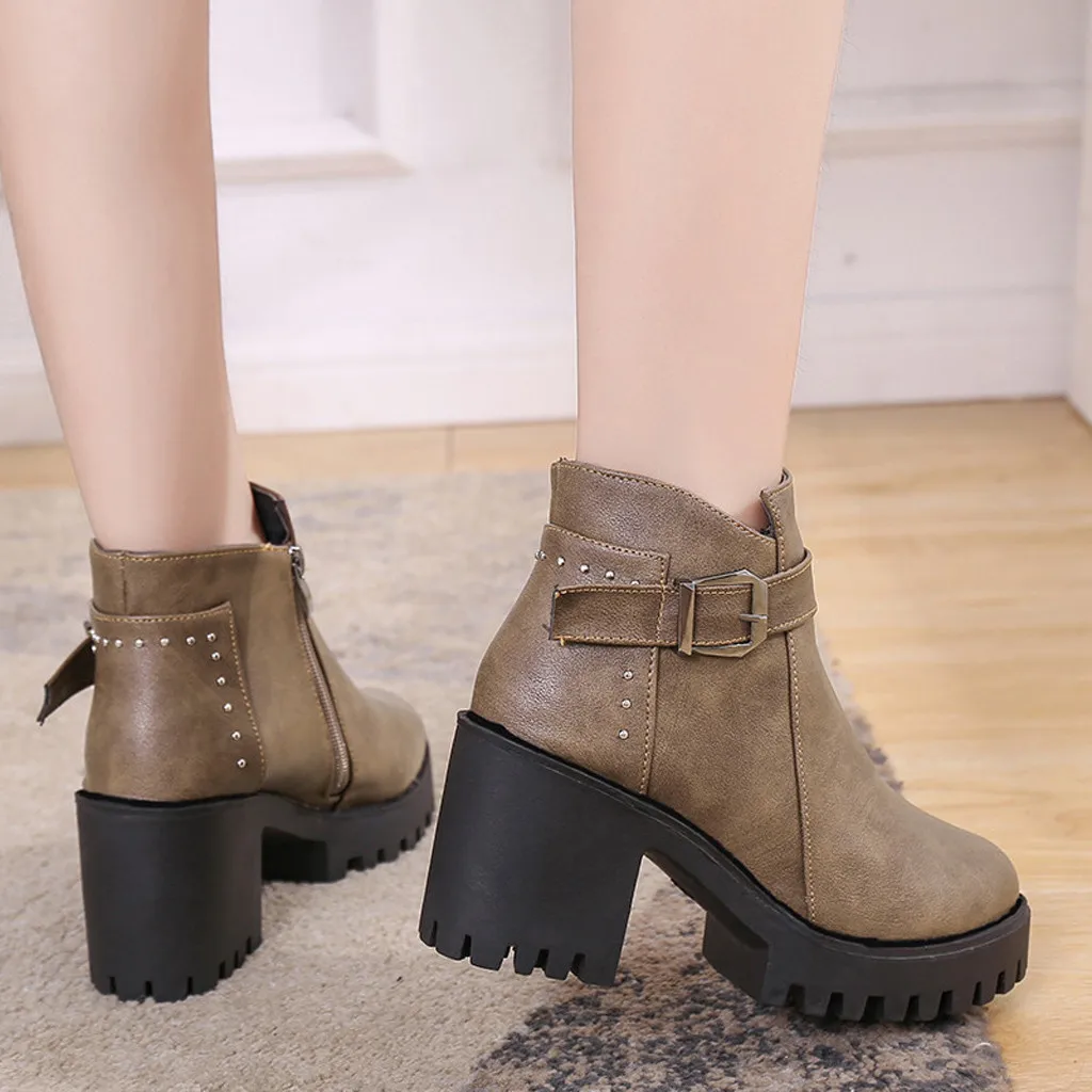 SAGACE Women Autumn Winter Ankle Boots Round Toe Heels Leather Booties Shoes Ladies Vintage Chunky | Обувь