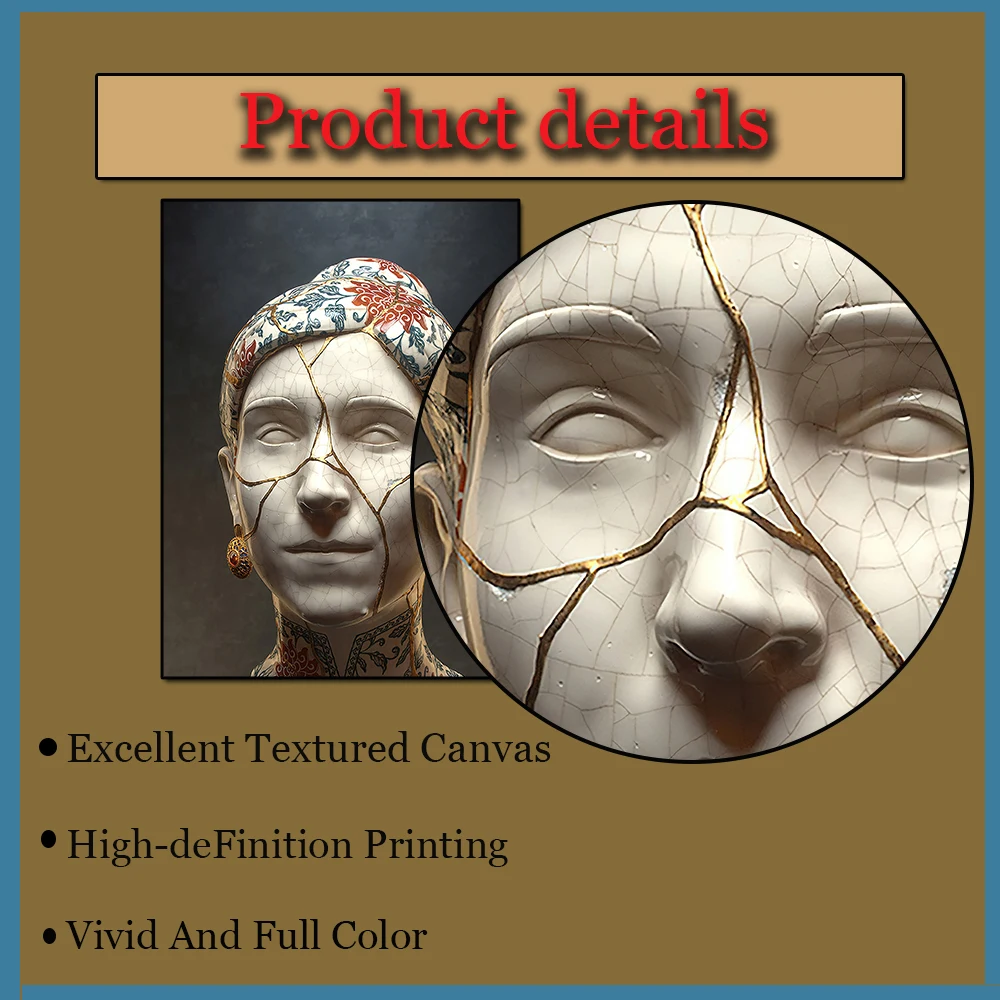 

Classical Art Ceramic Portrait Crafts Gold Line Pattern Pattern Printed on Canvas Wall Statue Print for Home Decoration Painting