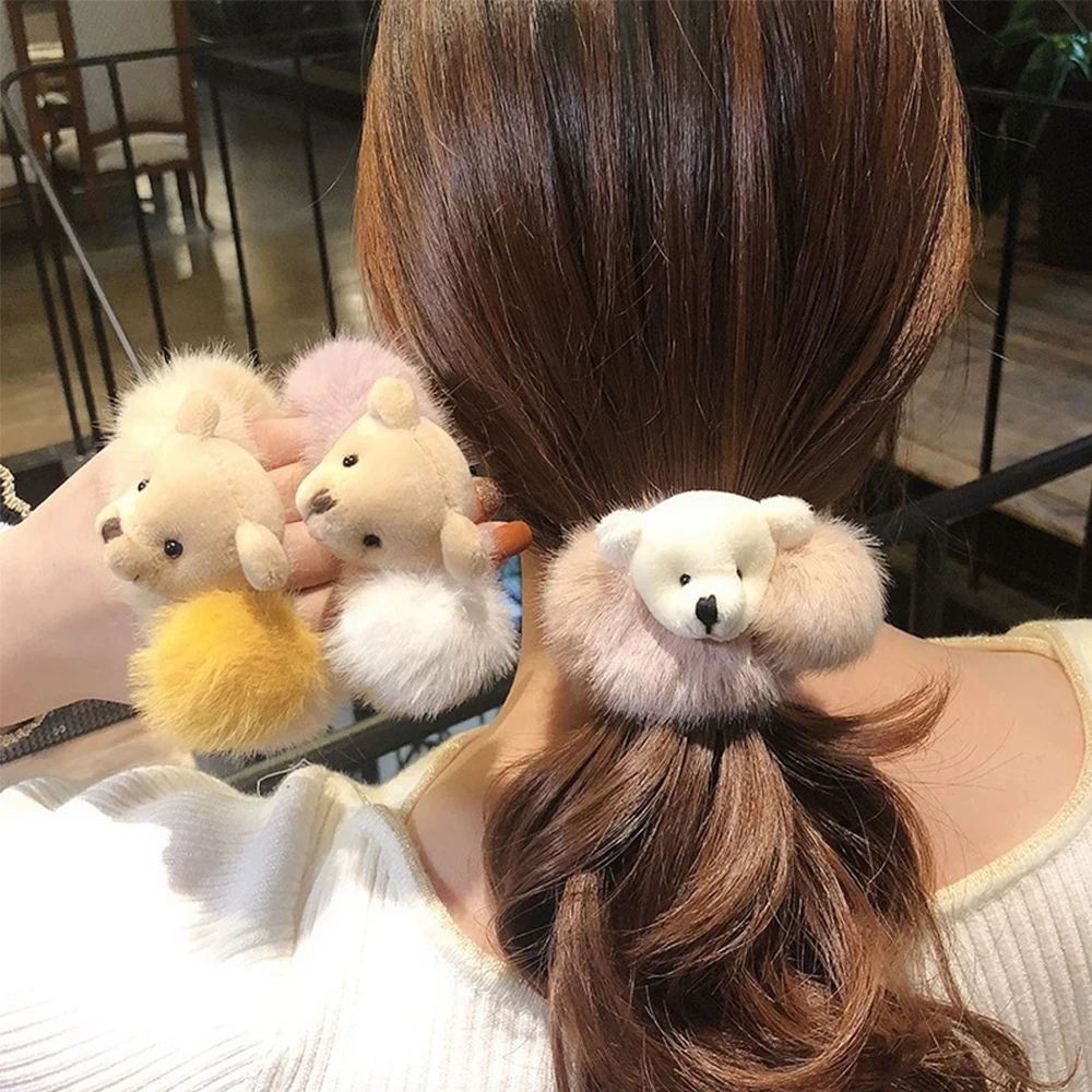 

2020 Newest Mink Fur Hair Rope Cute Bear Scrunchie Women Girls Elastic Hair Rubber Bands Gum Ponytail Holder Hair Accessories