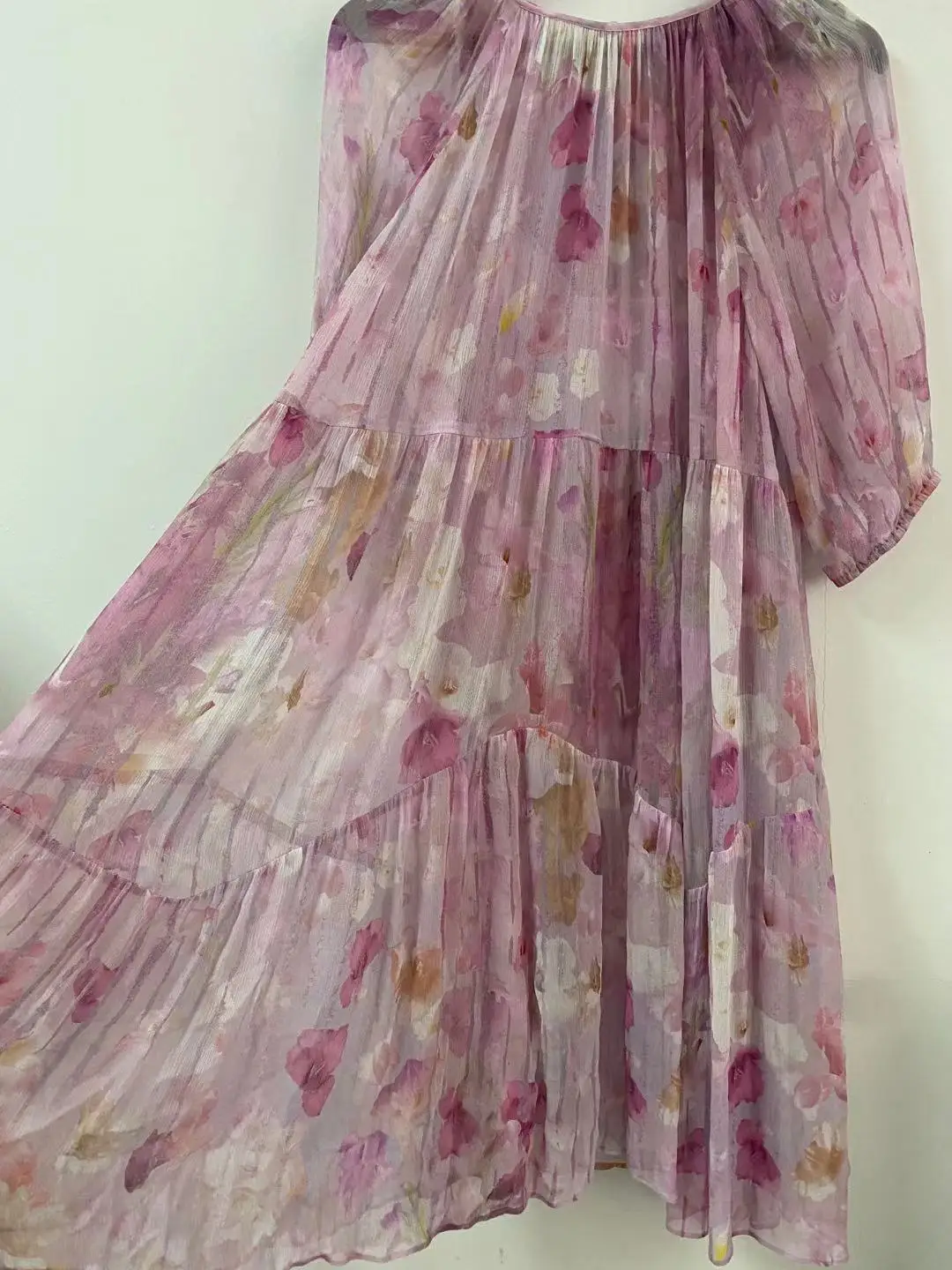 

2021 Spring and Summer New Products Pink Blooming Floral Round Neck Print Loose Puff Sleeve Dress Women