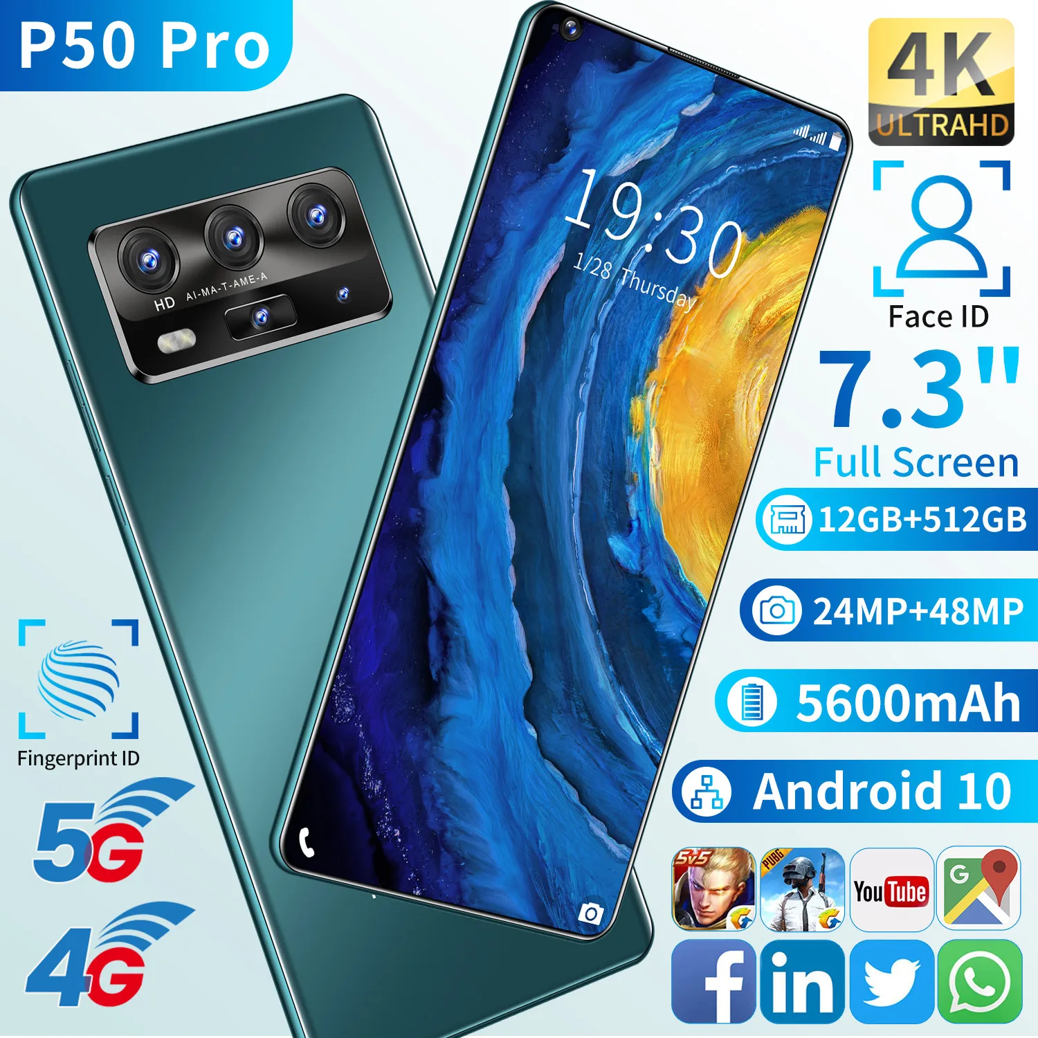 

Global Version P50 Pro 7.3 " Smartphone Andriod 10 12+512GB 24+48MP 4k Full Screen Face ID Dual SIM 5600mAh Andriod Mobile Phone