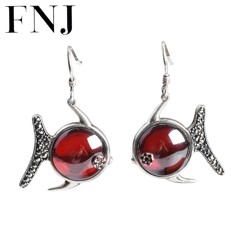 FNJ Red Zircon Fish Drop Earrings 925 Silver Original Pure S925 Sterling Silver Earring for Women Jewelry MARCASITE