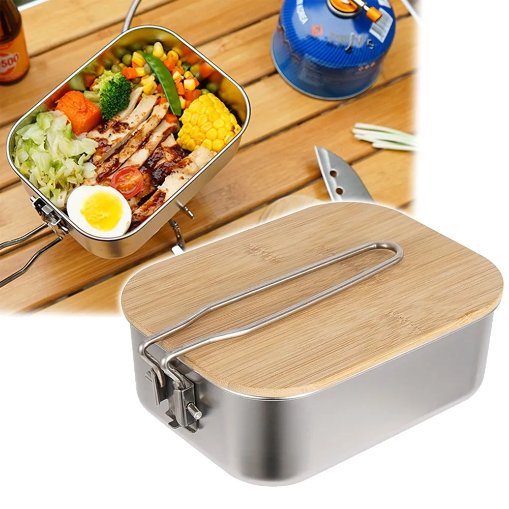 

Multifunction Lunch Box 900ml ​Stainless Steel Bento Box With Cutting Wood Board Cover Outdoor Camping BBQ Tableware