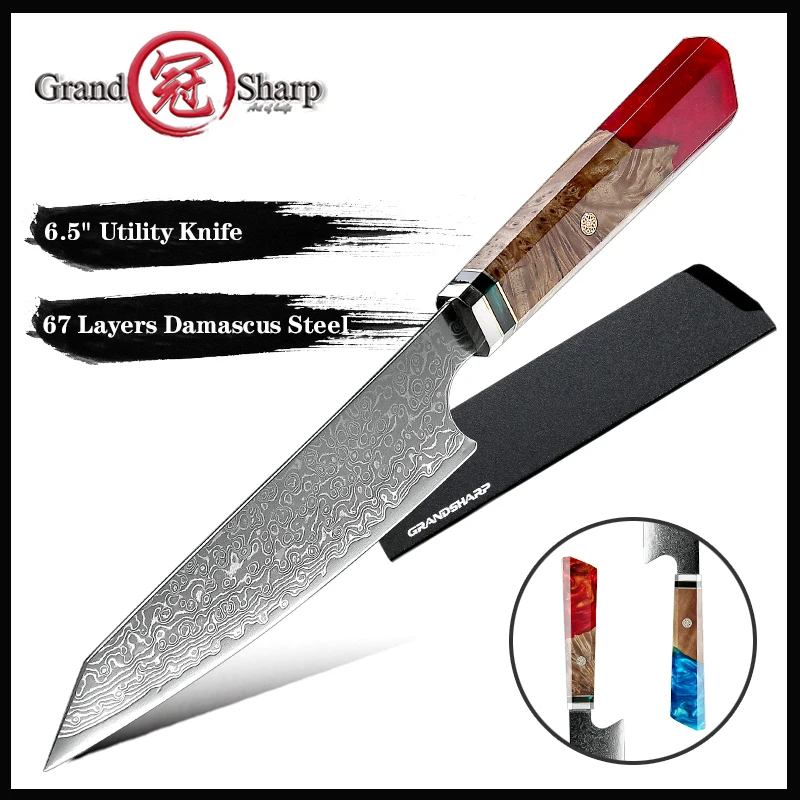 

Grandsharp 6.5 Inch Japanese Kitchen Chef Knifes VG10 Carbon Steel Damascus Utility Knife Vegetables Meat Cutter Fruit Knife