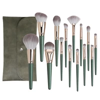 14pcs makeup brushes set green large loose powder high gloss eyeshadow foundation contour synthetic hair cosmetic tools