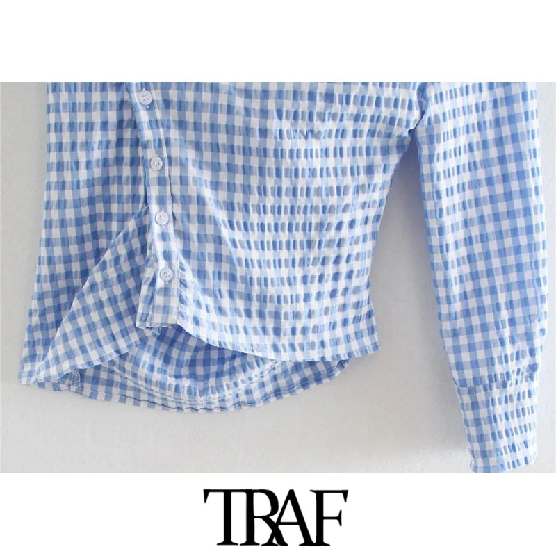

TRAF Women Fashion Pleated Asymmetry Check Blouses Vintage One Shoulder Back Button-up Female Shirts Blusas Chic Tops
