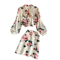 spring new women elegant rose flower print blouse clothing suit long puff sleeve bow collar shirtsbutton mini skirt 2 piece set