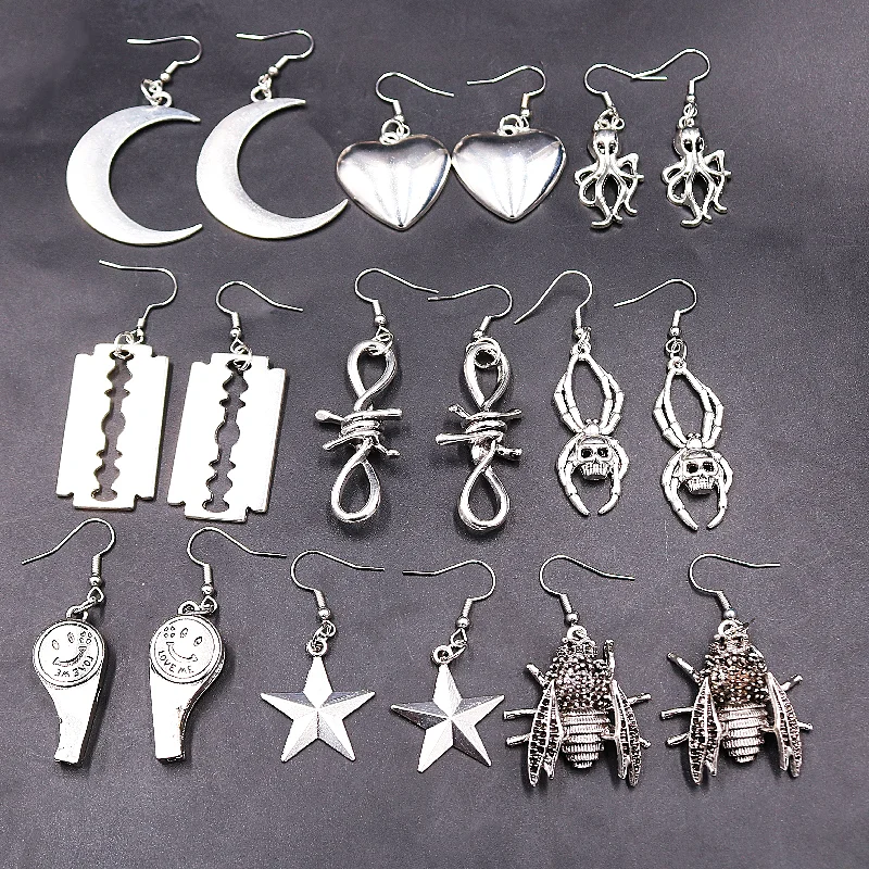 

26 Style Earrings for Women Girls Drop Dangle Animal Whistle (Can't Sound) Moon Razor Blade Thorns Teens Hip Hop Charm Jewelry