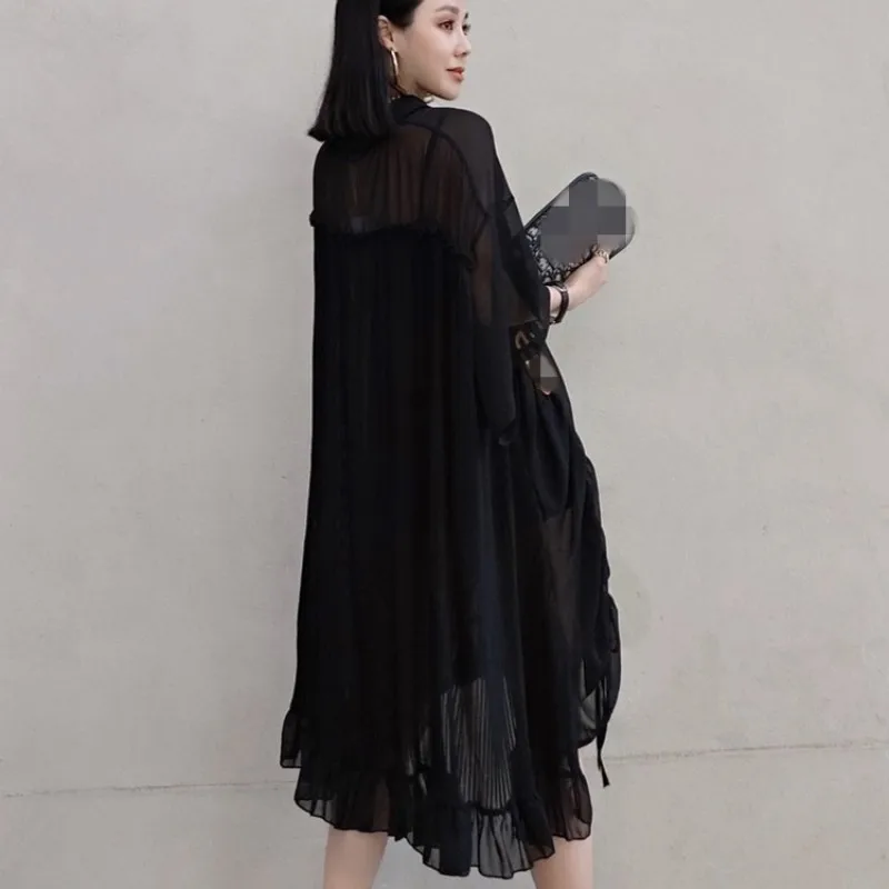 

2021 Summer Fashion Green Mid-Calf Dress Streetwear Loose Shirt Pleated Dress Female Black Short Sleeve Pullover A-Line Dress