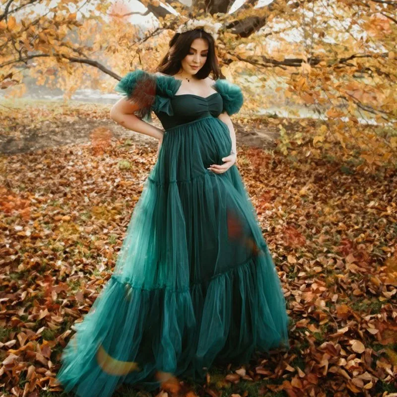 

Elegant Maternity Dresses Tulle Puffy Forest Pregnancy Photo Gowns Customized 2021 Hunter Green Prom Party Dress Pleated