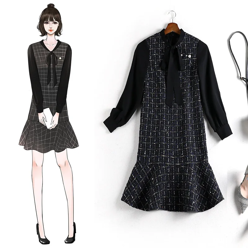 

4XL 5XL women 2020 autumn winter plus size tweed dresses bow collar patchwork long sleeve ruffles hem mini dress Y759