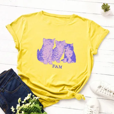

Plus Size Women T Shirts Cotton O Neck Short Sleeve Cute Top Cartoon Cat Print Basic Tees Summer Tshirt Harajuku Graphic Ladies