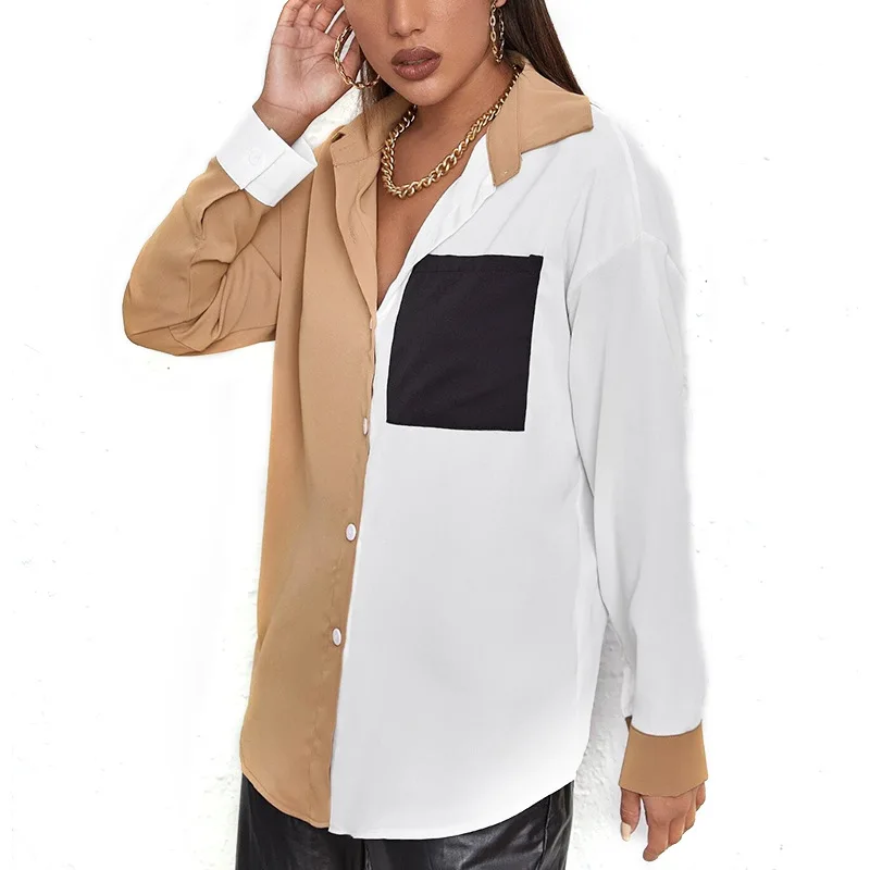 

Autumn Women Loose Slim Pocket Shirt Patchwork Colorblock Long Sleeve Shirt