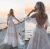 new boho beach wedding dresses 2021 off shoulder lace appliques bridal gowns sexy backless a line wedding dress robe de mariee