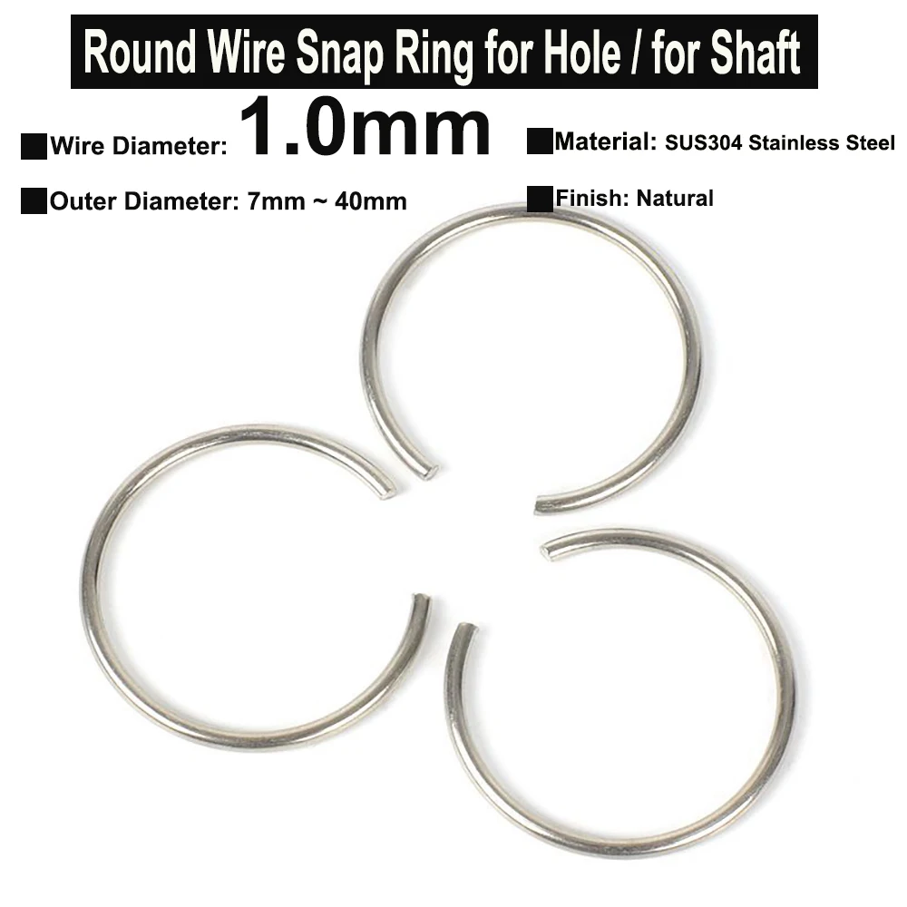 

10Pcs Wire Diameter φ1.0mm SUS304 Stainless Steel Round Wire Snap Rings for Hole Retainer Circlips for Shaft OD=7mm~40mm