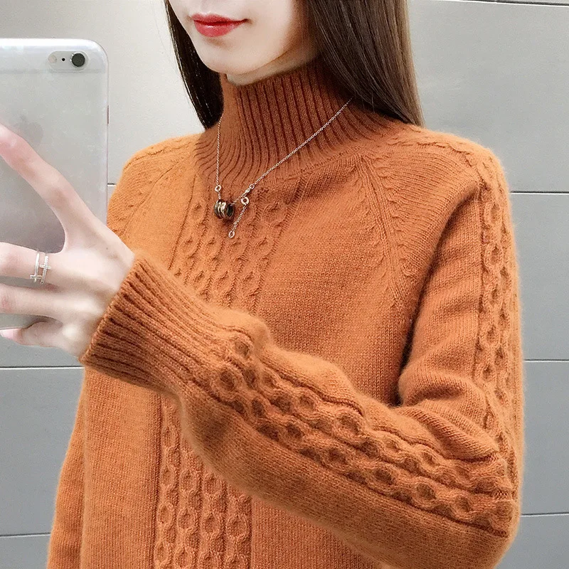 

Женский плотный свитер с воротником-стойкой, Свободный вязаный пуловер в Корейском стиле, Осень-зима 2021