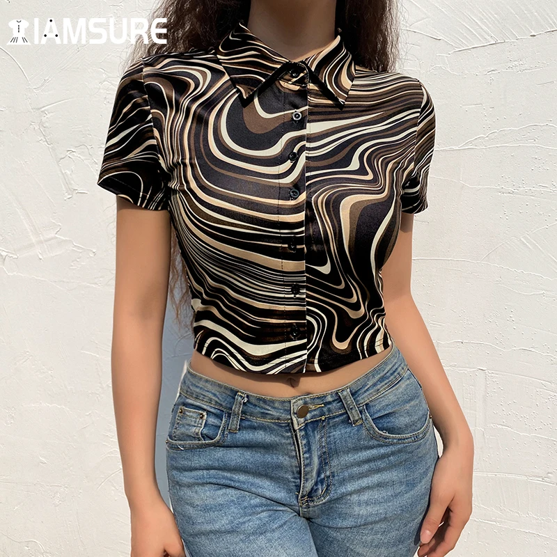 

IAMSURE Elegant Fashion Slim Casual Shirt Paisley Printed Short Sleeveless Turn-Down Collar Crop Tops Women 2021 Cardigans Tees