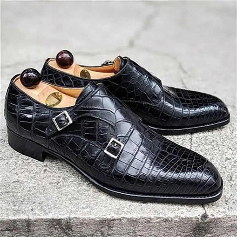 

Men's Black Pu Crocodile Leather Shoes with Low Heel Buckle Fashion Dress Shoes Classic Casual Shoes Zapatos De Hombre HL046