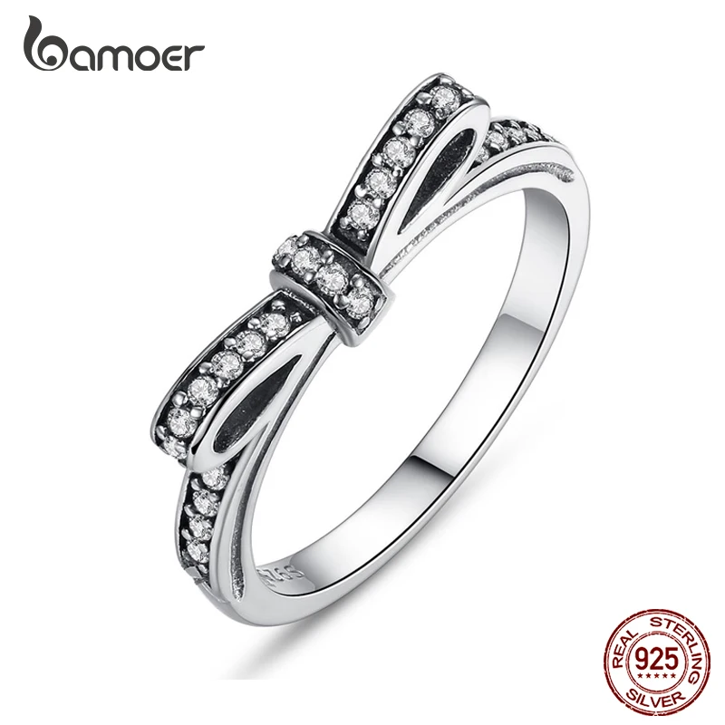 

Bamoer 925 Sterling Silver Sparkling Bow Knot Rings Micro Pave CZ for Women Shiny Zircon Wedding Anniversary Jewelry Gift PA7104