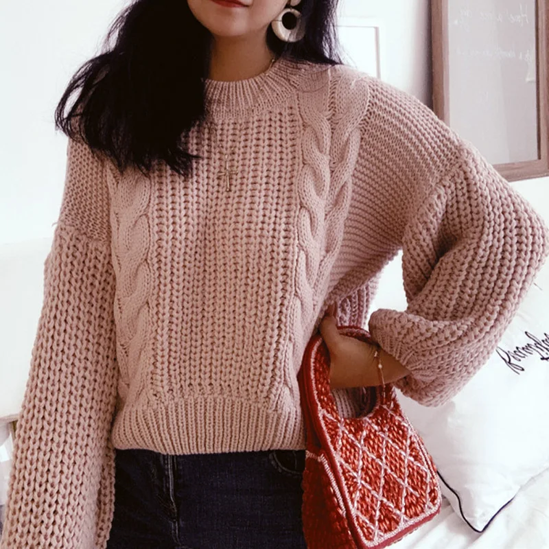 Богемный Вдохновленный розовый женский свитер с пышными рукавами вязаные