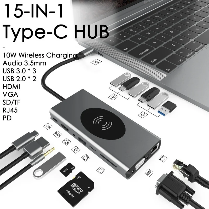 USB-C-концентратор 15 в 1 с беспроводной зарядкой RJ45 SD-кардридер Type-C расширенная