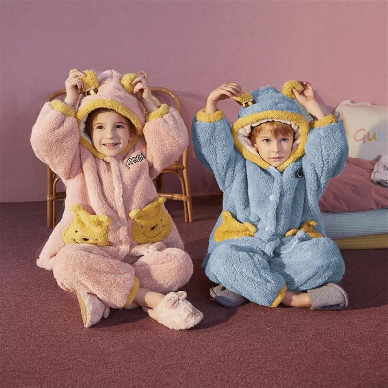 

Children Winter Pajamas For Girl‘s Boy's Robe Set Cartoon Bathrobe Pooh Bear Flannel Hooded Sleepwear Coral Velvet Home Clothes