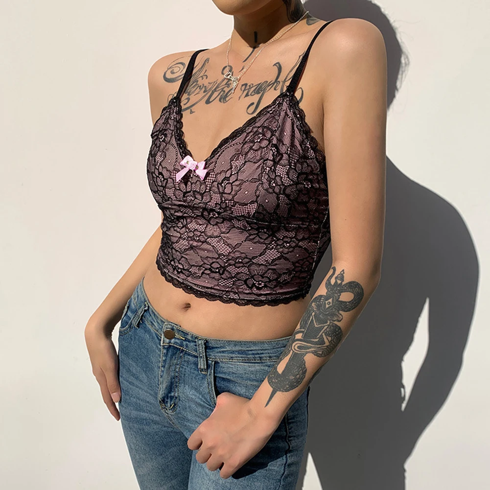 

Purple Lace Goth Aesthetic Cami Crop Top Patchwork Trim Vintage E Girl Vintage Kawaii Clothes Lace Up Bow Tanks Summer Y2K Tops
