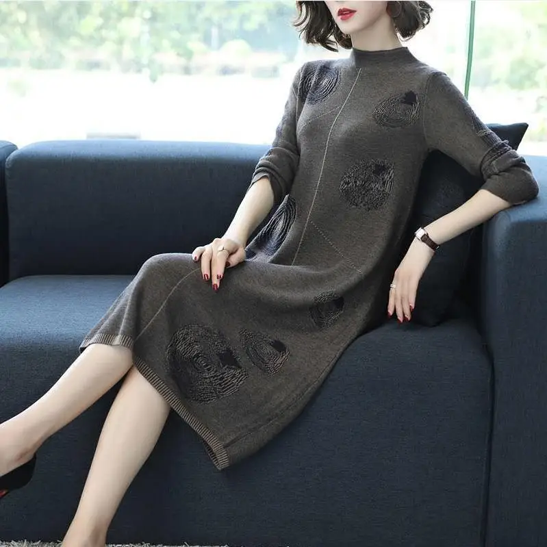 

2020 Winter Autumn Women Retro Printing Plus Size Pullovers Knitted Sweater Dresses Loose Long Sleeve Casual Dress for Lady G101