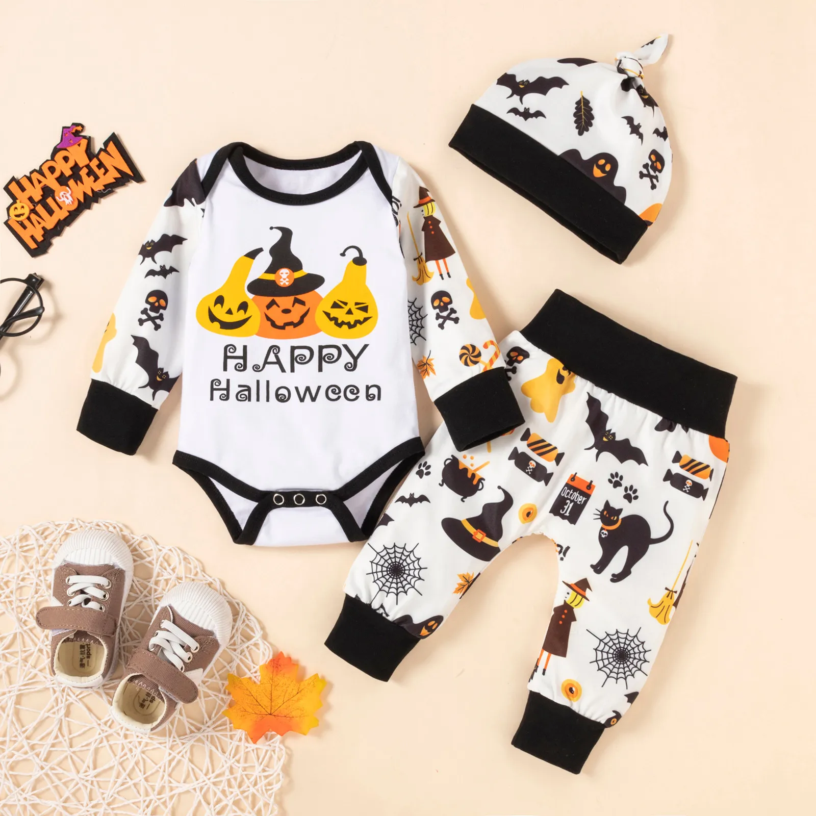 

Baby Halloween Clothes Infant Baby Boys Halloween Letter Romper Bodysuit+Pumpkin Cartoon Pants Costume Outfits