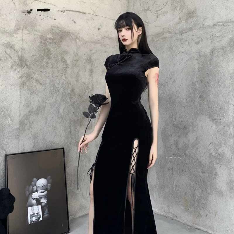 

Женское бархатное платье Goth, винтажное черное облегающее платье в готическом стиле, вечернее платье-Ципао, 2021
