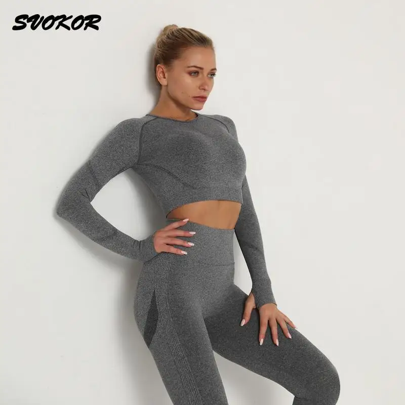 SVOKOR короткий топ, комплект для спортзала, бесшовный Женский комплект для йоги и тренировок, одежда Fintess, леггинсы с пуш-ап, спортивная одежда, женские костюмы, спортивный костюм - изображение