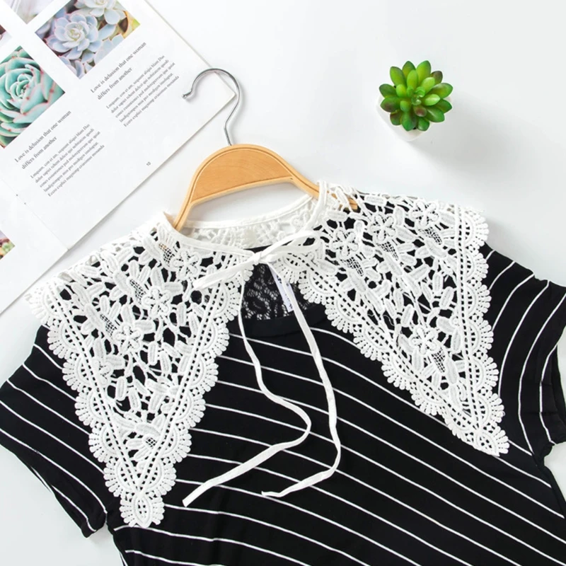 

Women Lolita Decorative Fake Doll Collar Lace Shawl Capelet Hollow Out Embroidery Dickey Mini Cape Self-Tie Ribbon Sheer C6UD