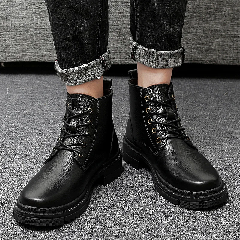 

boots men Trendy version of work boots lace-up British style boots genuine leather round toes men cowhide ankle boots men
