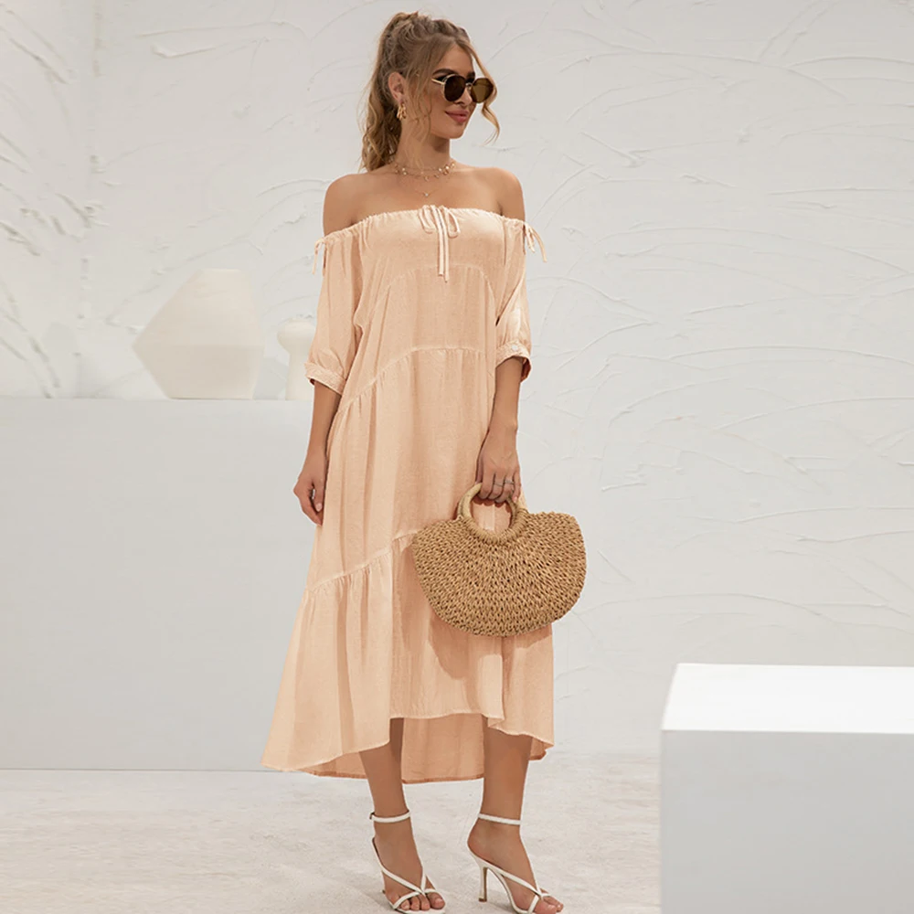 

Slash Strapless Shoulder Dresses 2021 Summer Irregular Simple Slim Dress Midi Dress Party Beach Vintage Vestido Casual