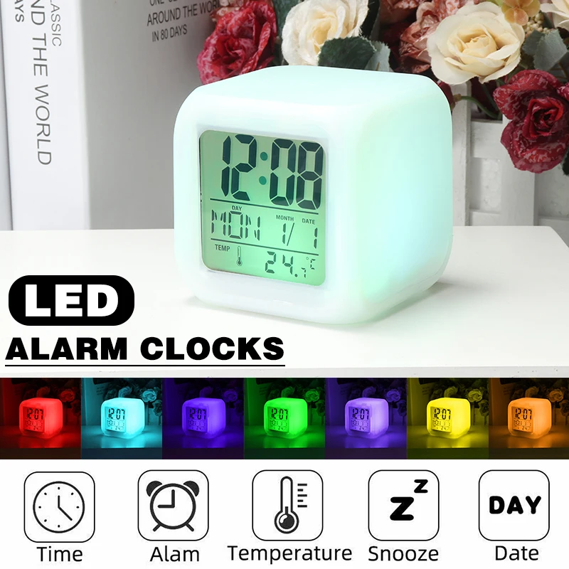 

Newest Alarm Clock LED 7 Colour Change Digital Glowing Night Light Clock Temperature Monitor Suitable for Kids Bedroom Office