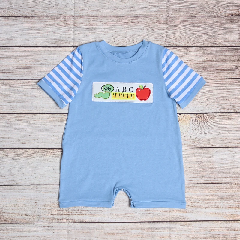 

Fashion Boutique Boys Summer Blue Short-Sleeve Romper Back To School Season Bugs Eat Apple Embroidery Baby Outfit Clothes