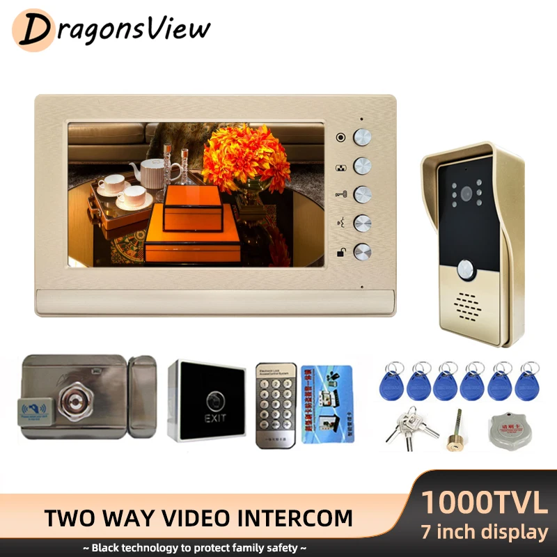 DragonsView Video Intercom with Lock 7 Inch Wired Monitor with 1000TVL Doorbell Call Panel Camera Unlock for Video Door Phone