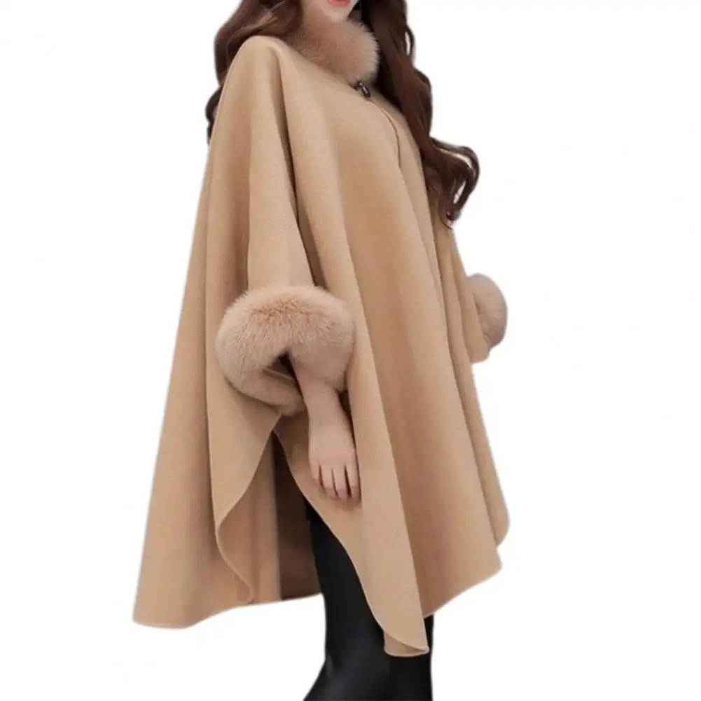 

Elegant Women Cape Coat Solid Color Faux Fur Collar Ponchos Autumn Winter Warm Loose-fitting Mid-length Poncho Coat Office