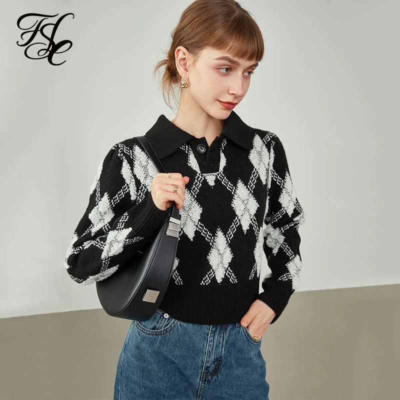 

Женский короткий пуловер fansilзанен в студенческом стиле, Черный свитшот с ромбовидным узором и воротником-поло в стиле ретро, зима 2021